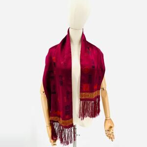 Vintage 90s Chicos Magenta Red Silk Calligraphy Fringe Rectangle Scarf